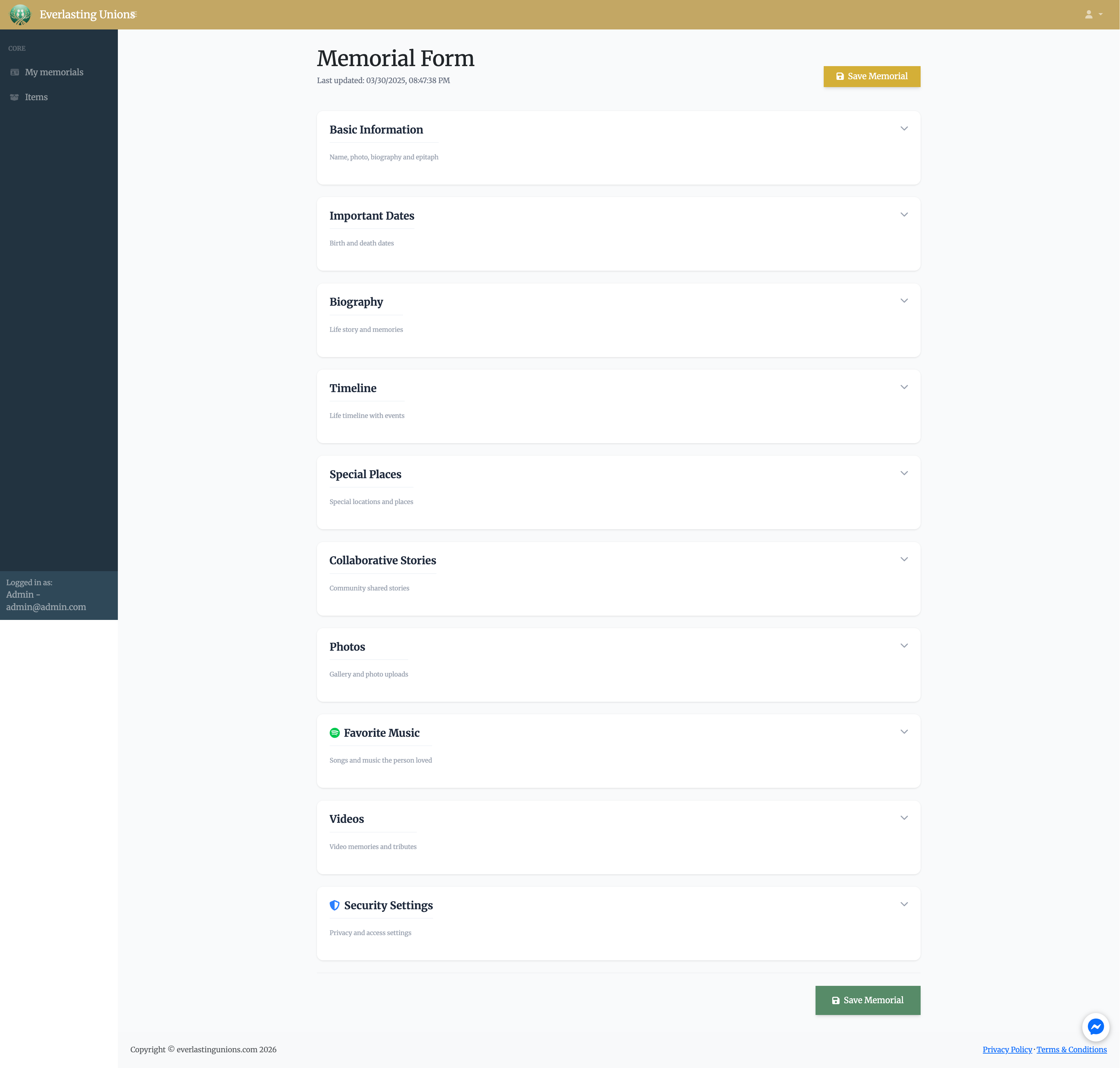 Everlasting Unions Dashboard UI
